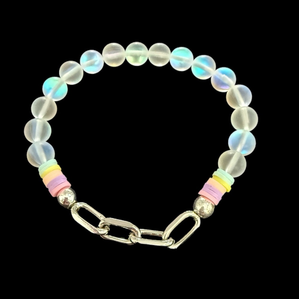 Mermaid Glass and Silver Paperclip Link Beaded‎ Bracelet - Picture 2 of 4